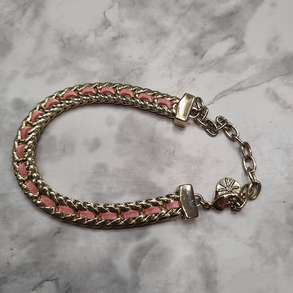 RJ Graziano Gold Tone Chain Link Bracelet Pink Woven Leather Accent Designer